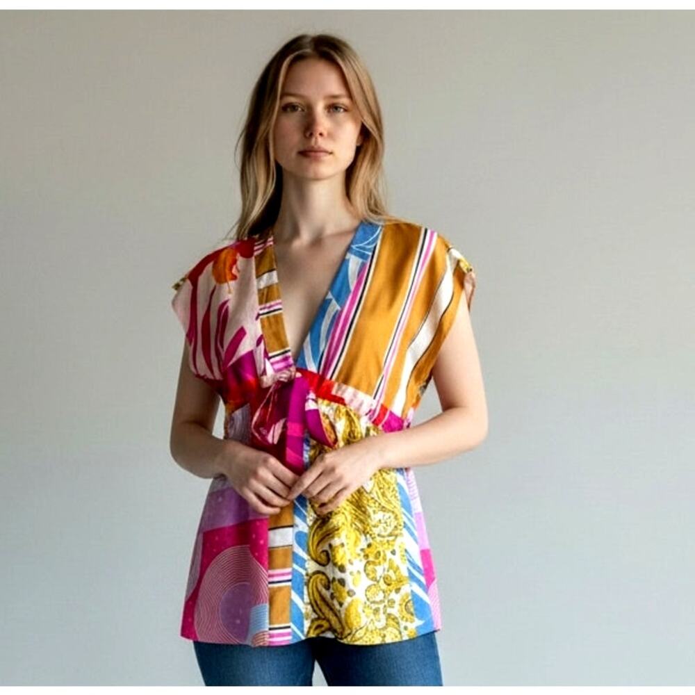 Alice & Trixie 100% Silk Patchwork Print Tie Front Blouse Top XS Made in USA